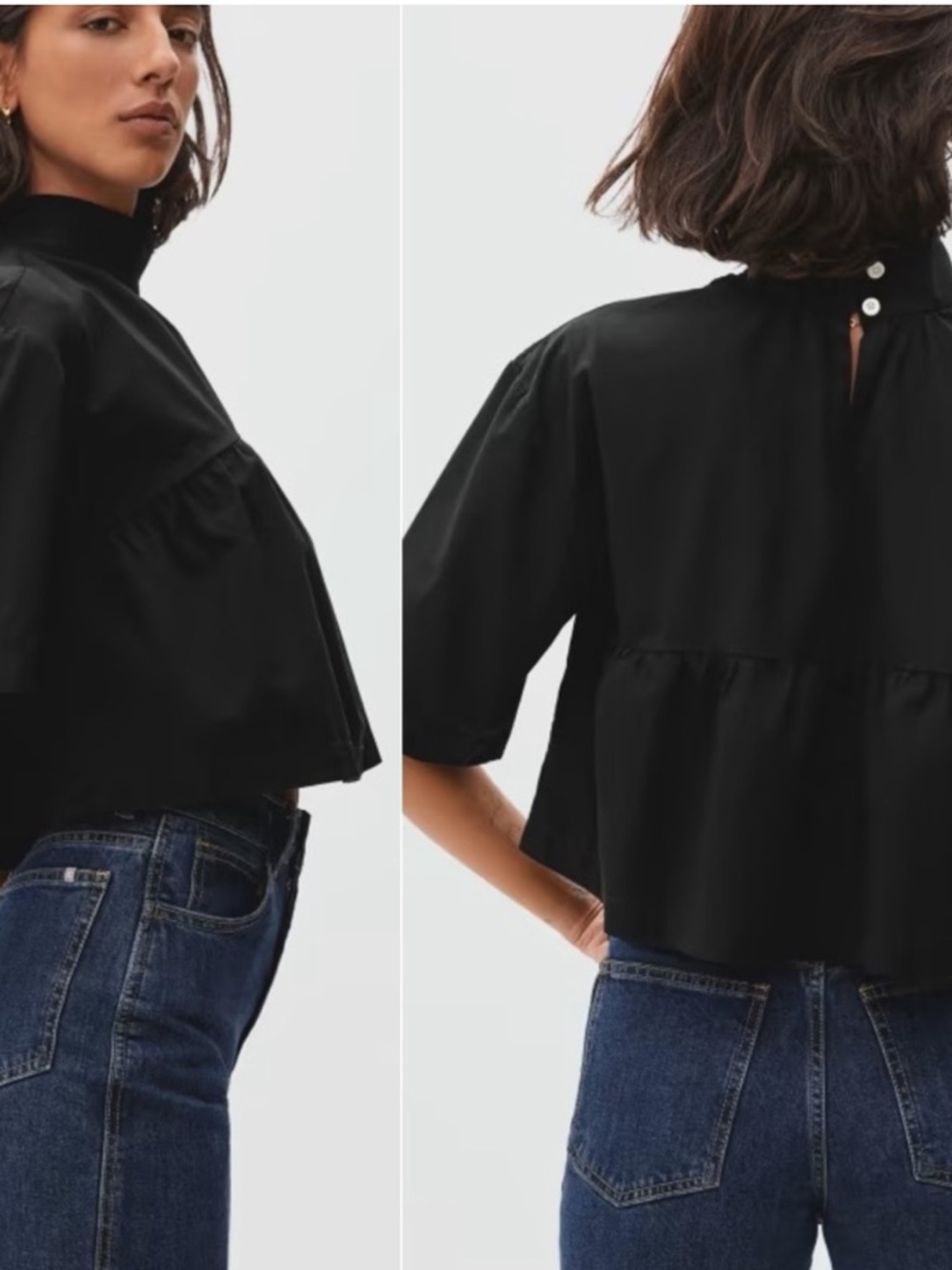 Everlane Black Tiered Mockneck Cropped Blouse